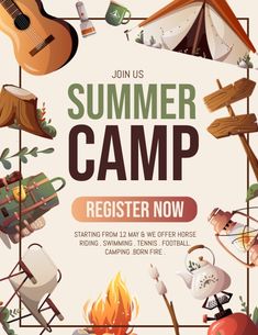 the summer camp poster is shown with various items