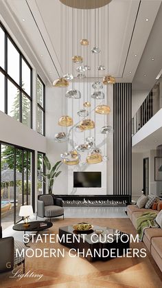 an elegant modern chandelier hangs from the ceiling