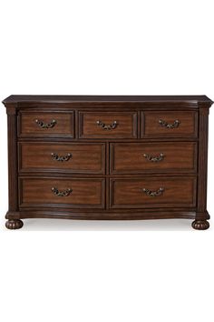 a wooden dresser with many drawers and handles on it's sides, against a white background