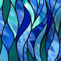 an abstract stained glass window with wavy blue and green lines on the bottom half of it