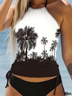 Bjux - Womens High Cut Two-Piece Swimsuit with Coconut Tree Print, Halter Round Neck and Drawstring Tie Side - Ideal for Beachwear and Swimwear Coconut Tree, Tree Print, High Cut, Halter Neck, Knit Fabric, Knitted Fabric, Collar Styles, Round Neck, Coconut