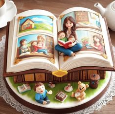 there is a cake with an open book on it