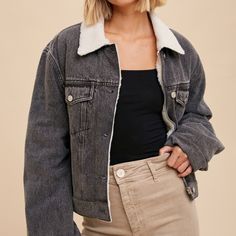 Thick Sherpa Lined Denim Jacket With Double Breast Pockets, Metal Button Closure, Full Zipper And Side Pockets. Sherpa Is Also Lined In The Sleeves Grey Jean Jacket Outfit Women, Gray Jean Jacket Outfit, Washed Button-up Outerwear For Winter, Dark Wash Button-up Winter Outerwear, Winter Relaxed Fit Denim Jacket With Button Closure, Washed Black Denim Outerwear For Fall, Fall Washed Black Denim Outerwear, Fall Denim Outerwear In Washed Black, Trendy Winter Denim Jacket With Button Closure