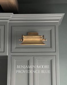 an image of a kitchen cabinet with the words providence blue and benham more written on it