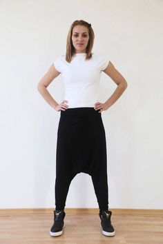 "Drop Crotch Pants / Yoga Pants / Harem Trousers Comfortable and stylish those drop crotch pants are flattered softly on your body. Not just comfortable this yoga pants are must have piece for every woman. Hanging with friends or practice yoga and walking or jogging those are the pants you deserve it.  Made with quality fabric cotton jersey, the drop crotch pants are dancing around your body. the pants are stretchy enough to feel comfortable. The composition is 80% cotton and 20% elastane. There Casual Black Pants, Low Crotch Pants, Black Harem Pants, Yoga Trousers, Harem Trousers, Drop Crotch Pants, Wardrobe Accessories, Black Pants Casual, Womens Pants