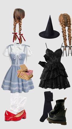 four different types of dresses and hats with long braids on the sides, one in black