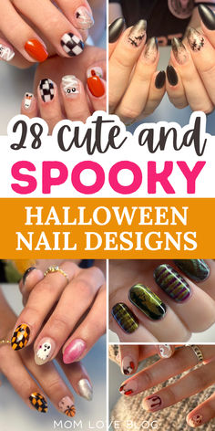 Collage of Halloween nails with ghosts, bats, spiders, and more in long and short styles for 2024 trends. Easy Halloween Nails Design, Fun Halloween Nails, Halloween Nail Art Easy, Nail Art Simple, Black Halloween Nails, Festive Nail Designs, Halloween Manicure, Halloween Nails Easy, Cute Halloween Nails