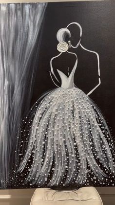 a painting of a woman in a white dress on a black background with silver stars