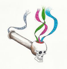 a drawing of a pipe with a skull on it and ribbons coming out of it