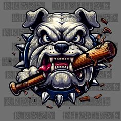 an angry bulldog holding a baseball bat in its mouth and breaking through the background with it's teeth