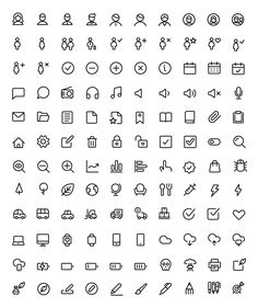 a large set of icons and symbols for web pages or mobile devices, all in one line