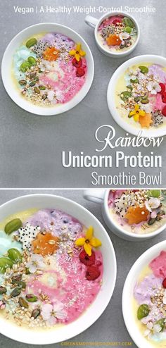 four bowls filled with different types of food on top of each other and the words rainbow unicorn protein smoothie bowl