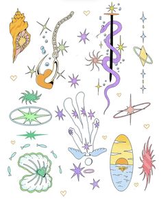 an assortment of sea creatures and stars on a white background