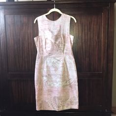 I Am So Sad To Be Listing This Gorgeous Dress! It Is New With Tags And Labeled An Italian 44/Us 10, But It Runs Very Small. Please See Measurements For Accurate Sizing. It Is A Beautiful Light Pink, Light Brown, And Ivory Pattern - The Body Of The Dress Is Cotton, And The Upper Part (Around The Shoulders & Dcollet) Is Silk. The Tag Reads 74% Cotton, 26% Silk. It Is Too Beautiful To Pass Up! Measurements; Length: 38.5” Bust: 18” Pit To Pit Waist: 15” Across Hips: 19” Across Pink Silk A-line Midi Dress, Pink Sheath Midi Dress With Fitted Bodice, Pink Fitted Sheath Midi Dress, Pink Fitted Sheath Dress, Pink Lined Formal Dress, Formal Pink Lined Dress, Pink Sleeveless Silk Dress, Pink Silk Dress For Spring, Pink Feminine Lined Midi Dress