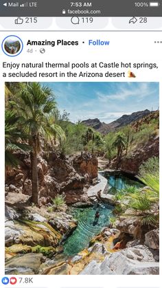 an image of a river surrounded by rocks and palm trees with the caption amazing places follow