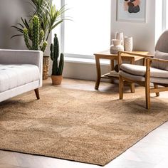 a living room with two chairs and a rug