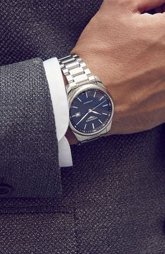 Slim stick indexes and graceful hands detail the rich blue sunray dial of a refined stainless-steel watch impeccably crafted in Switzerland with a precision automatic movement. A dual-finish bracelet completes the sleek and versatile style. Style Name:Longines Master Automatic Bracelet Watch, 40mm. Style Number: 5462269. Available in stores. Graceful Hands, Longines Watch Men, Slim Watches, Classy Watch, Longines Watch, Rolex Watches For Men, Men's Watches Luxury, Blue Watches, Hand Watch