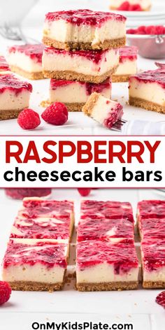 raspberry cheesecake bars are stacked on top of each other and ready to be eaten