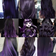 Black And Purple Hair Highlights, Black Fading Into Purple Hair, Monster High Purple Hair, Black Purple Pink Hair, Purple Highlighted Hair, Purple Multicolor Hair, Elissabat Hair, Black And Lilac Hair, Purple Hair Ideas For Brunettes