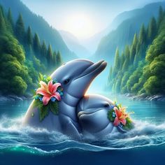 two dolphins in the water with flowers on their backs