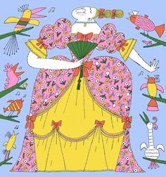 a drawing of a woman in a yellow dress with flowers and birds around her, on a blue background