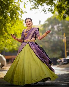 Half Saree Purple Colour, Combination With Green Lehenga, Half Saree Lehenga Purple Colour, Lehanga Combinations Designs, Purple Colour Combinations Saree, Green And Purple Half Saree, Colour Combinations For Lehenga, Purple Combination Lehenga, Purple Dupatta Combination