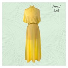 "Vintage 1970's Yellow Cocktail Dress *Size Medium (M)* $38 It's the perfect party dress! Semi sheer and handmade. It hangs beautifully on the body and it's just different. Beautiful dress. Back zipper and hook and eye closure. Split sleeves and the rouched mock neck give the dress some flare! It's a show stopper.  Bust: 30\"+ Hip: 32\" Waist: 26\" Fabric: 100% polyester  Clothing Care: Hand wash or delicate wash and flat dry Skirt Length: 36\" long Dress Length: 53\" long Sleeves: 14\" wide" Summer Party Vintage Dress With Short Sleeves, Summer Vintage Short Sleeve Party Dress, Vintage Puff Sleeve Dress For Summer Party, Summer Party Vintage Dress, Retro Short Sleeve Midi Dress For Party, Fitted Yellow Sheer Dress, Yellow Fitted Sheer Dress, Spring Party Vintage Maxi Dress, Flowy Vintage Midi Dress