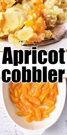 the words apricot cobbler are in front of two plates with food on them