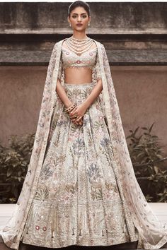 Matsya-Silver Garden Of Eden Lehenga Set-INDIASPOPUP.COM Cascading Veil, Ungodly Hour, Silver Garden, Tissue Fabric, Eastern Wear, Dress Glamour, Reception Lehenga, Indian Bridal Photos, The Garden Of Eden