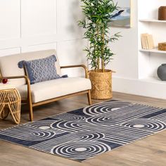 a living room area with two chairs and a rug