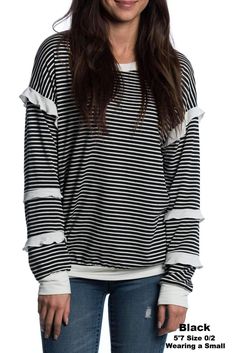 Brigitte Brianna Striped Ruffle Sleeve Sweatshirt - SexyModest Boutique Modest Tops, Fall Winter Outfits, Medium Weight, Love It, Ruffles, Fall Outfits, Full Length, Round Neck, Boutique