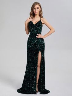 Peacock Green V-neck Gown For Banquet, Green V-neck Maxi Dress With Sweep Train, Green Backless Evening Dress With Sweep Train, Gala V-neck Gown, Gala V-neck Evening Gown, Gala Evening V-neck Gown, Green V-neck Evening Dress With Sequins, Green Backless Gown For Wedding, Green V-neck Party Gown