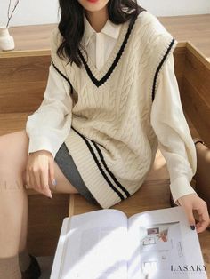 Lasaky - Academic Style Loose Sleeveless Knitted Vest Cardigan for Layering Colorful Korean Fashion, Wishlist Aesthetic, Gryffindor Outfit, Japan Ootd, Everyday Hairstyle, Clothes For School, Vest Sweater, Sleeveless Sweater Vest, Party Dress Long Sleeve