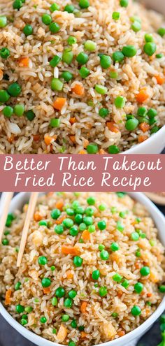 rice with peas and carrots in a white bowl