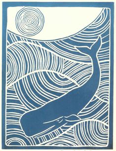 a blue and white drawing of a whale swimming in the ocean with swirly waves