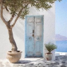 a painting of a door and potted plant on the side of a building with water in the background