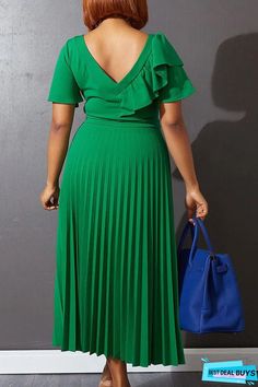 Dew Shoulder Pleated Ruffle Sleeve Maxi Dress | BestDealBuys Elegant Green V-neck Ruffle Dress, Spring Midi Ruffle Dress With Pleats, Spring Midi Length Pleated Ruffle Dress, Pleated Ruffle Midi Dress For Spring, Pleated Midi Length Ruffle Dress For Spring, Short Sleeve Ruffled Dresses For Office, Casual Pleated Dresses With Flutter Sleeves, Casual Ruffled Peplum Dress, Green Ruffled Dresses For Work