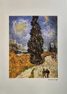 an image of starry night with trees and two men walking down the road by van goght