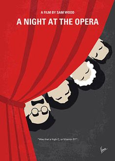 a movie poster for a night at the opera with three men peeking out from behind a red curtain