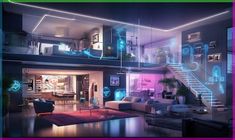 a living room filled with lots of furniture next to a stair case covered in neon lights