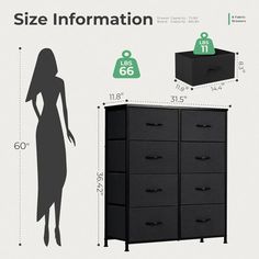 an image of a woman's silhouette next to a dresser with the measurements for it