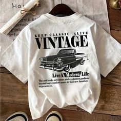 Car Print T-Shirt, Short Sleeve Crew Neck Casual Top For Summer & Spring, Women's Clothing Vintage Auto's, Vintage Letters, Casual Summer Wear, Plus Size Vintage, Casual Summer Tops, Top For Summer, Vintage Women, Knitted Tshirt, Casual Top