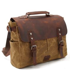 Waxed Canvas and Leather Briefcase for Men 14" Motorcycle Saddlebags Mens Canvas Messenger Bag, Waterproof Messenger Bag, Leather Computer Bag, Laptop Handbag, Laptop Messenger Bags, Leather Camera Bag, Canvas Messenger Bag, Leather Laptop Bag, Briefcase For Men