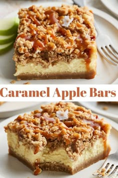 caramel apple bars on white plates with forks