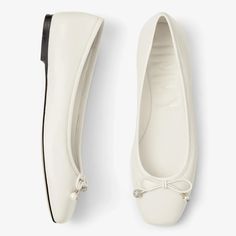 ELME FLAT | Latte Nappa Leather Flats with Pearl Embellishment | Summer Collection | JIMMY CHOO Aesthetic Flats, Shoes Side View, Classy Shoes Flats, Jimmy Choo Flats, Crocs Boots, Chanel Flats, Pearl Embellishment, Slouch Socks, Shoes Heels Classy