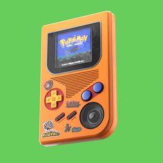 an orange nintendo game boy handheld on a green background