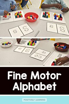 two pictures with the words fine motor alphabet on them and an image of children sitting at a table