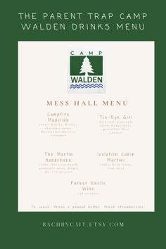 a menu for a camp with the words wilderness drinks menu on it and an image of a pine tree