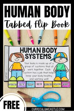 the human body book with colored crayons and scissors