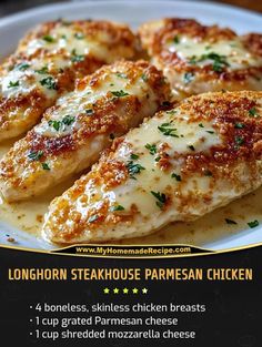 the menu for longhorn steakhouse parmesan chicken is displayed on a plate